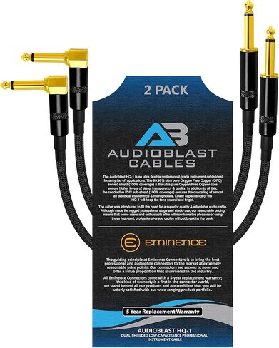 Audioblast - وحدتان - 8 بوصة - HQ-1 - فائق المرونة - مزدوج الحماية (100%) - كابل تصحيح دواسة تأثيرات آلة الجيتار مع مقابس TS وأحذية مزدوجة من Eminence مستقيمة وزاوية ذهبية ¼ بوصة (6.35 مم) in Kuwait