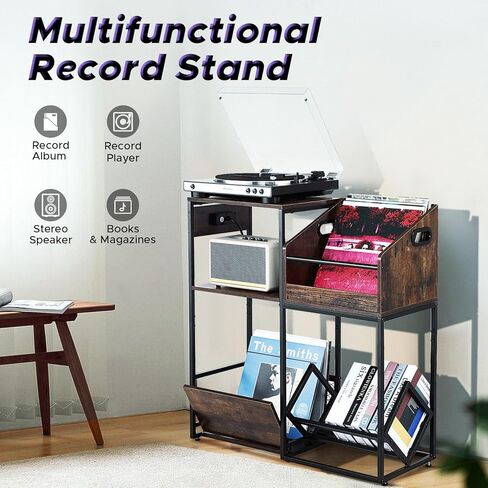 Starfavor Record Player Stand with Vinyl Storage Shelf, End Table with Charging Station, Turntable Stand with Removable Record Holder for 250 Albums STS-001 in Kuwait