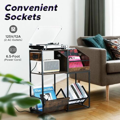 Starfavor Record Player Stand with Vinyl Storage Shelf, End Table with Charging Station, Turntable Stand with Removable Record Holder for 250 Albums STS-001 in Kuwait