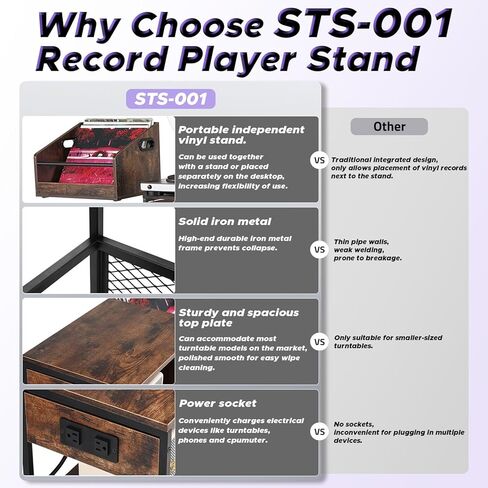 Starfavor Record Player Stand with Vinyl Storage Shelf, End Table with Charging Station, Turntable Stand with Removable Record Holder for 250 Albums STS-001 in Kuwait