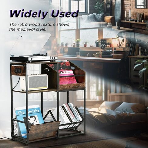 Starfavor Record Player Stand with Vinyl Storage Shelf, End Table with Charging Station, Turntable Stand with Removable Record Holder for 250 Albums STS-001 in Kuwait