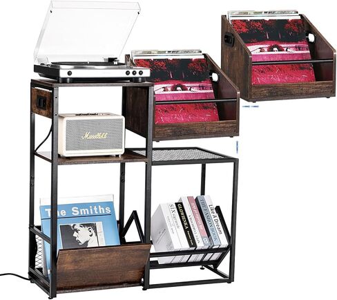 Starfavor Record Player Stand with Vinyl Storage Shelf, End Table with Charging Station, Turntable Stand with Removable Record Holder for 250 Albums STS-001 in Kuwait