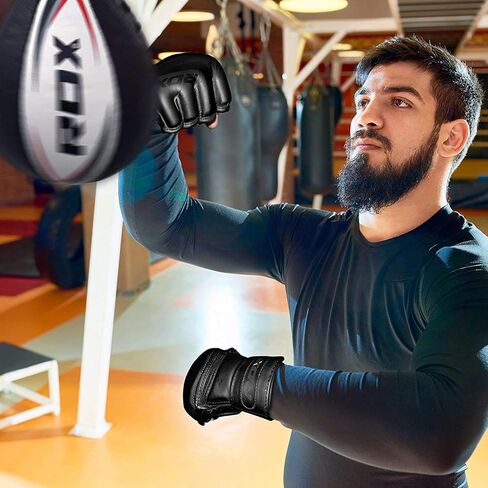 قفازات RDX MMA نوير، جلد مايا هايد، نخيل مفتوح بفتحات تهوية على شكل حرف D، قفازات ملاكمة مبطنة، قفص قتال الكيك بوكسينغ فنون القتال المختلطة تدريب الملاكمة التايلاندية، وسادات كيس اللكم، أسود in Saudi Arabia