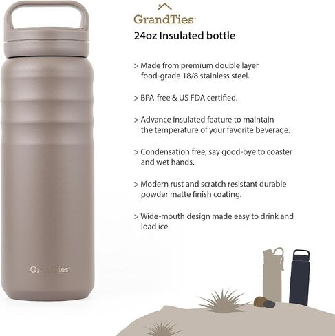 GrandTies 2 Lids Sports Stainless Steel Water Bottles – 24oz, Wide Mouth Vacuum Insulated Reusable Leak Proof BPA-Free Travel Metal Canteen, Thermos Bottles for Men Women Gym (Midnight Black) in Kuwait