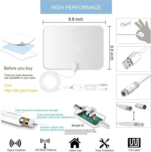 4K Amplified HD Digital TV Antenna Long 1000 Miles Range Smart TV Indoor Support 4K 1080p Fire TV Stick and All Older TVs 360° Signal Reception Switch Signal Booster with HDTV Coax Cable 17ft-White in Saudi Arabia