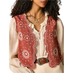 Verdusa Women's Western Boho Floral Embroidery Vest Open Front Sleeveless Jacket Outerwear