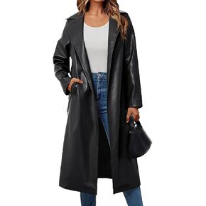 xxxiticat Women's Leather Trench Coat Long Sleeve Open Front Motorcycle Lapel Belted Tie Long Black Faux Leather Jacket
