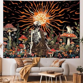 Amonercvita Skull Tapestry Vintage Mushroom Tapestries Aesthetic Sun Tapestry Floral Skeleton Wall Hanging Tapestries Jungle Plants Wall Decor for Bedroom