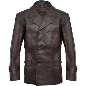 Higobo Men's Brown Leather Pea Coat Double Breasted Men Peacoat Jacket