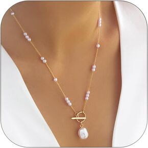 Pearl Necklace for Women Long Baroque Pearl Choker Dainty Gold Beaded Necklaces Toggle Necklaces Stainless Steel Trendy Jewelry Hypoallergenic