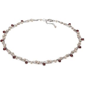 Stylish Triple Strand White Freshwater Cultured Pearl Tin Cup Necklace 4-5mm AAA Quality with Sparkling Red Garnets in Sterling Silver, 17"-19" - PremiumPearl