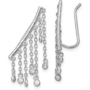 Solid 925 Sterling Silver Rhodium-Plated Cubic Zirconia CZ Ear Climber Earrings