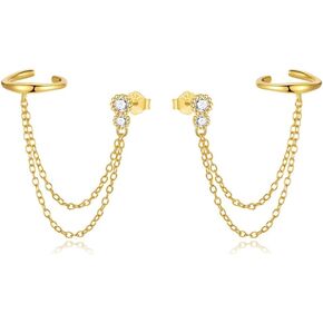 Double Layer Chain Ear Cuff Halo Round Cut CZ S925 Sterling Silver Stud Earrings for Women 14k Gold Plated Cartilage Clip on Huggie Hoops Climber Crawler Long Chain Dangle Drop Fashion Jewelry Bff