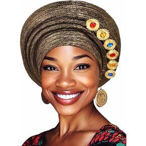 Woeoe African Pre-Tied Gele Headwrap Gold Stretchy Turban Church Wedding Party Head Scarf for Women