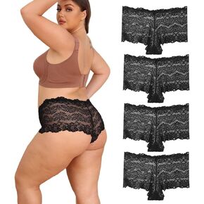 Timothee Womens Plus Size Panties Mid Rise- Lace Boyshorts Panty, Cheeky Underwear Boy Shorts for Women, Pack of 4