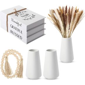 Maxdot 82 Pcs Table Centerpieces Decor, Boho Farmhouse Decor for Home Includes 75 Dried Pampas Grass, 3 Decorative Books, 3 White Ceramic Vases, and 1 Wood Beads