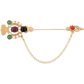 Knighthood Antique Matte Gold Crowned Brooch Detailed with Pearls & Multicolored Stones and Hanging Chain for Men