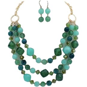 Secret for Longevity Triple Strand Multi Greens Emerald Jade Malachite Olive Colored Resin Big Chunky Collar Statement Necklace
