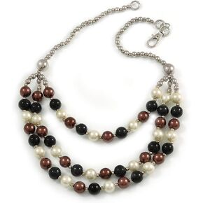 Layered Glass Bead Statement Necklace (Brown/Black/White/Silver) - 62cm L