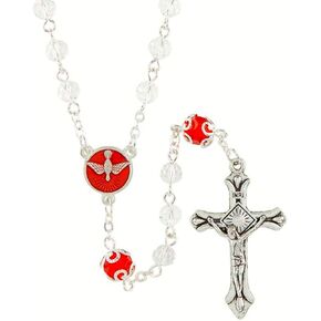 Needzo Confirmation Rosary, Red Enameled Holy Spirit Centerpiece Silver Tone Crucifix Glass Beaded Prayer Necklace, Commemorative Keepsake Gift,19.5 Inches