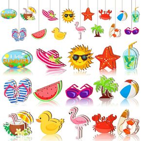30 Pcs Summer Wood Hanging Ornaments Beach Wooden Slices Coconut Pendant Tags Hanging Decoration with String Summer Tree Ornament for Luau Party Supplies Hawaiian Party Decorations, 15 Styles