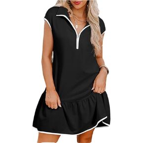 Chvity Women Dresses Fashion Colorblock Casual Cap Sleeve Half Zip Mini Dress with Pockets