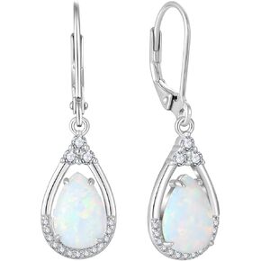 Sterling Silver Opal Earrings Leverback Earrings for Women Teardrop Birthstone Jewelry Gifts Opal Dangle Drop Earrings