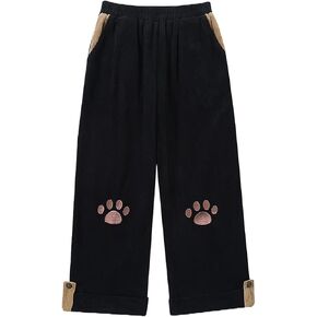 Cute Cat Paw Embroidery Japanese Style Lolita Loose Corduroy Wide Leg Pants Casual Trousers
