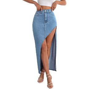 MakeMeChic Women's Denim Maxi Skirt Asymmetrical Split Hem Zip Up Y2K Jean Maxi Skirts