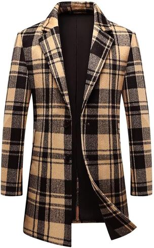 FTIMILD Mens Wool Blend Plaid Coat Warm Winter Trench Coat with Soft Scarf Single Breasted Overcoat in Saudi Arabia