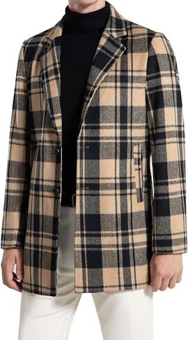 FTIMILD Mens Wool Blend Plaid Coat Warm Winter Trench Coat with Soft Scarf Single Breasted Overcoat in Saudi Arabia