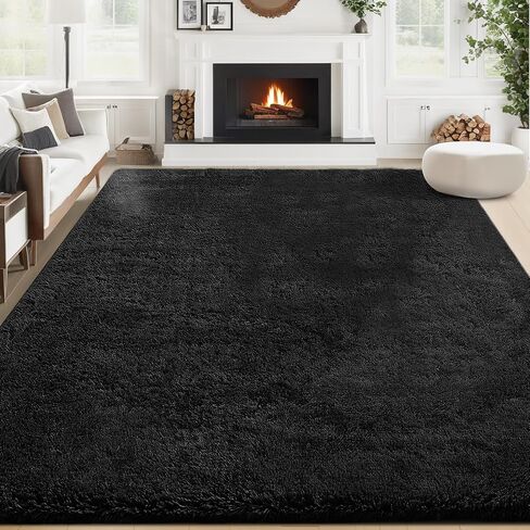 8x10 Area Rug for Living Room: Fluffy Shag Soft Washable Rugs Large Fuzzy Plush Indoor Carpet for Bedroom Nursery Playroom Kids Girls Boys Room (Black, 8'x10') in Saudi Arabia