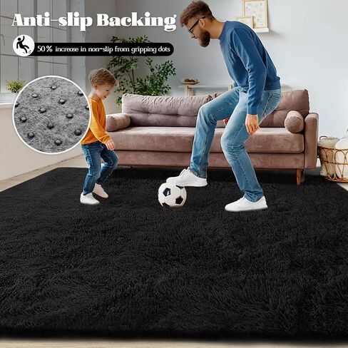 8x10 Area Rug for Living Room: Fluffy Shag Soft Washable Rugs Large Fuzzy Plush Indoor Carpet for Bedroom Nursery Playroom Kids Girls Boys Room (Black, 8'x10') in Saudi Arabia