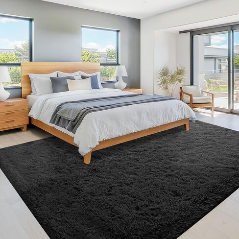 8x10 Area Rug for Living Room: Fluffy Shag Soft Washable Rugs Large Fuzzy Plush Indoor Carpet for Bedroom Nursery Playroom Kids Girls Boys Room (Black, 8'x10') in Saudi Arabia