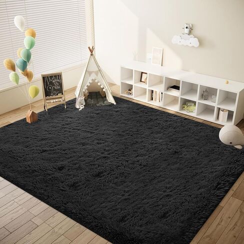 8x10 Area Rug for Living Room: Fluffy Shag Soft Washable Rugs Large Fuzzy Plush Indoor Carpet for Bedroom Nursery Playroom Kids Girls Boys Room (Black, 8'x10') in Saudi Arabia