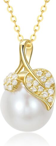 14k Gold Created Moissanite Leaf and Freshwater Cultured Pearl Pendant Necklace for Women, Fine 14kt Gold Pearl Jewerly Gifts for Her, 16-18 Inches in Saudi Arabia