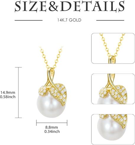 14k Gold Created Moissanite Leaf and Freshwater Cultured Pearl Pendant Necklace for Women, Fine 14kt Gold Pearl Jewerly Gifts for Her, 16-18 Inches in Saudi Arabia