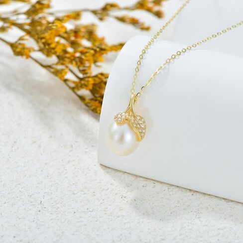 14k Gold Created Moissanite Leaf and Freshwater Cultured Pearl Pendant Necklace for Women, Fine 14kt Gold Pearl Jewerly Gifts for Her, 16-18 Inches in Saudi Arabia