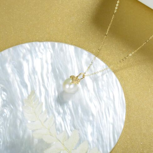 14k Gold Created Moissanite Leaf and Freshwater Cultured Pearl Pendant Necklace for Women, Fine 14kt Gold Pearl Jewerly Gifts for Her, 16-18 Inches in Saudi Arabia