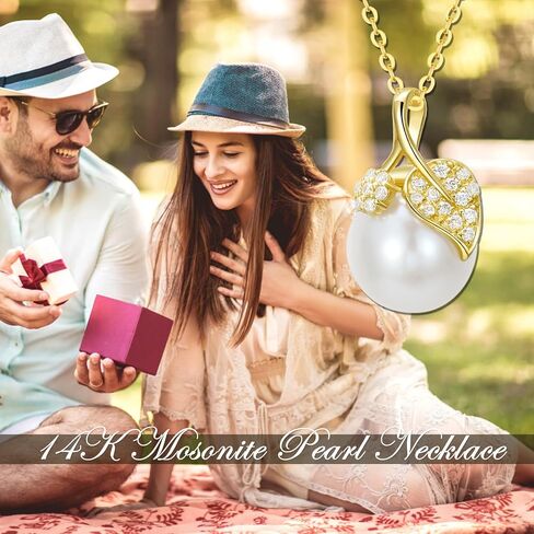 14k Gold Created Moissanite Leaf and Freshwater Cultured Pearl Pendant Necklace for Women, Fine 14kt Gold Pearl Jewerly Gifts for Her, 16-18 Inches in Saudi Arabia