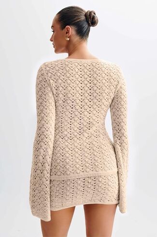 Women Crochet 2 Piece Outfits Set Swimwear Cover Up Flared Long Sleeve Button Down Tops Beach Mini Skirt Vacation Outfits in Saudi Arabia