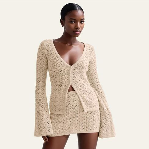 Women Crochet 2 Piece Outfits Set Swimwear Cover Up Flared Long Sleeve Button Down Tops Beach Mini Skirt Vacation Outfits in Saudi Arabia