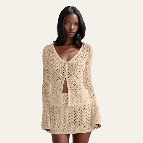 Women Crochet 2 Piece Outfits Set Swimwear Cover Up Flared Long Sleeve Button Down Tops Beach Mini Skirt Vacation Outfits in Saudi Arabia