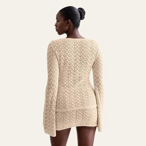 Women Crochet 2 Piece Outfits Set Swimwear Cover Up Flared Long Sleeve Button Down Tops Beach Mini Skirt Vacation Outfits in Saudi Arabia