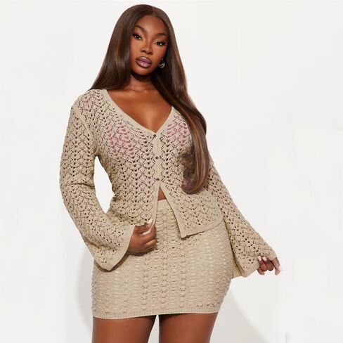 Women Crochet 2 Piece Outfits Set Swimwear Cover Up Flared Long Sleeve Button Down Tops Beach Mini Skirt Vacation Outfits in Saudi Arabia
