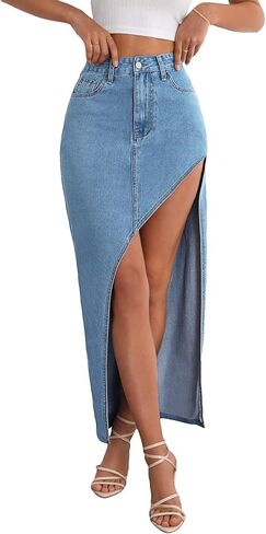 Makemechic Women's Denim Maxi Skirt Skirt غير متناظرة تنحنح Zip up y2k Jean Maxi التنانير in Kuwait