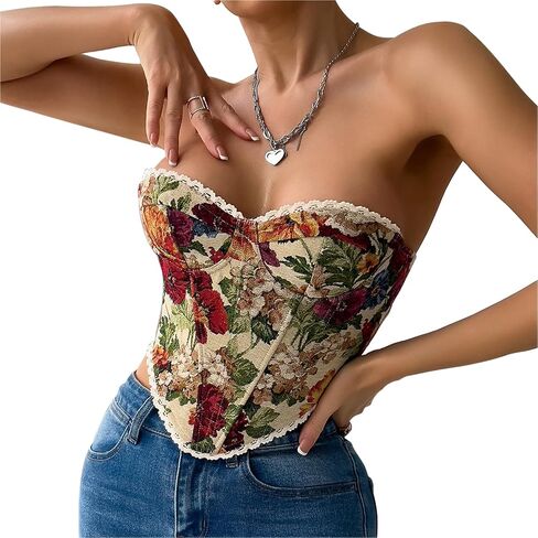 Holiberty Sexy Vintage Floral Print Camisole Crop Tops for Women Retro Embroidery Pattern Tube Top Lace Up Shapewear Corset in Saudi Arabia