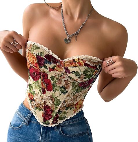Holiberty Sexy Vintage Floral Print Camisole Crop Tops for Women Retro Embroidery Pattern Tube Top Lace Up Shapewear Corset in Saudi Arabia
