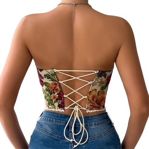 Holiberty Sexy Vintage Floral Print Camisole Crop Tops for Women Retro Embroidery Pattern Tube Top Lace Up Shapewear Corset in Saudi Arabia