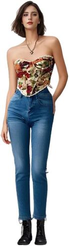 Holiberty Sexy Vintage Floral Print Camisole Crop Tops for Women Retro Embroidery Pattern Tube Top Lace Up Shapewear Corset in Saudi Arabia